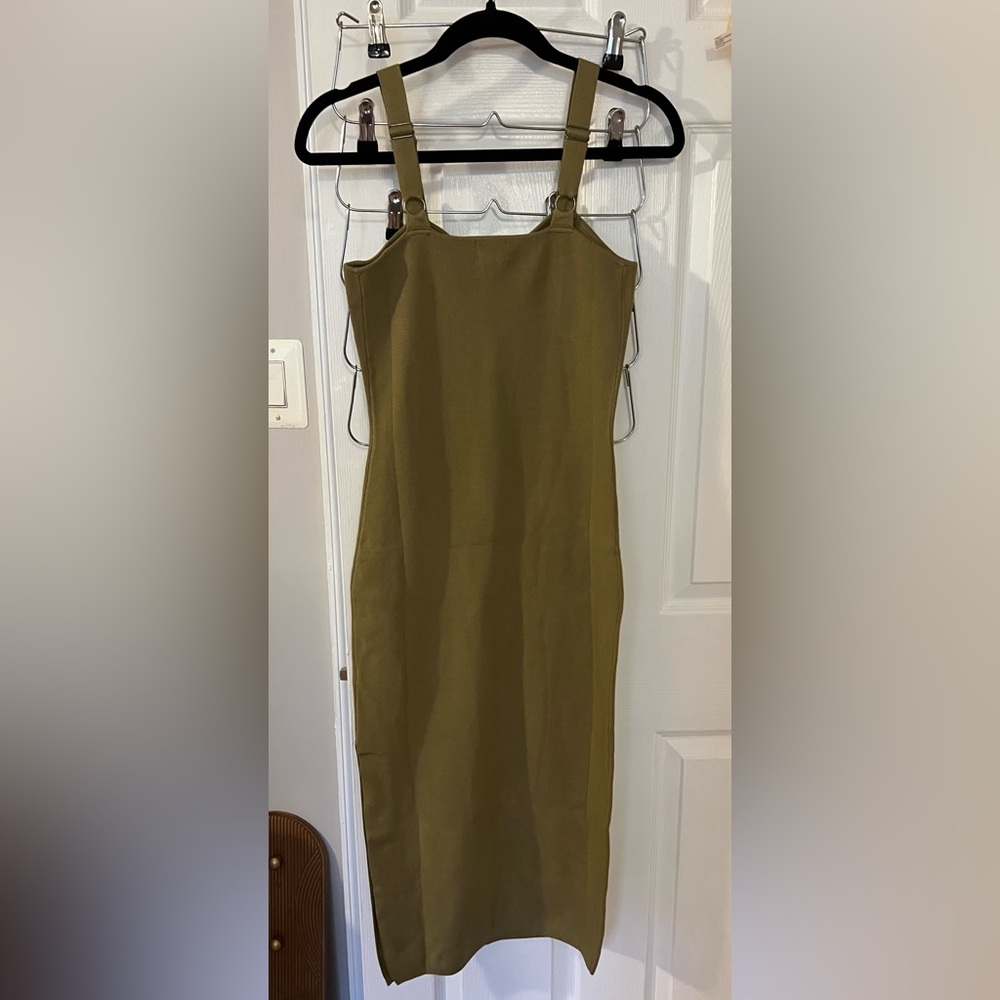Olive Green Strap Midi Bodycon Dress with Structured Bust - Picture 3 of 3